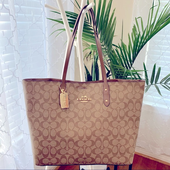 Coach Handbags - COACH Town Tote in Signature Canvas (Khaki/Saddle 2)